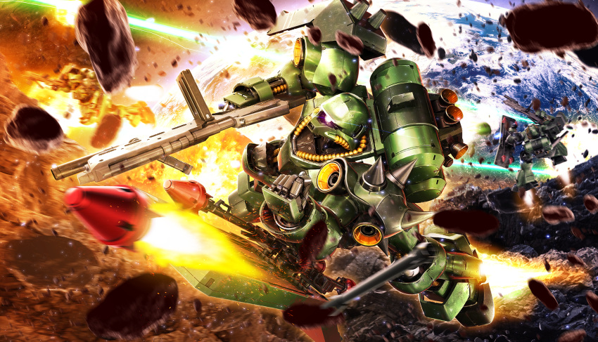 3d asteroid battle beam_rifle cable char's_counterattack clouds commentary_request debris energy_gun explosion firing geara_doga gundam highres hose igaraigara mecha mobile_suit no_humans one-eyed realistic robot rocket thrusters tube weapon