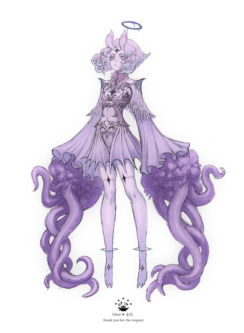 1other ambiguous_gender animal_ears anklet chise_(vtuber) colored_skin eldritch_abomination expressionless facial_mark flat_chest floating foot_tattoo forehead_mark frills halo highres horns jewelry leg_tattoo looking_at_viewer navel purple_hair skirt tattoo tears tentacles translation_request tyawantyawan356 very_long_sleeves violet_eyes white_background
