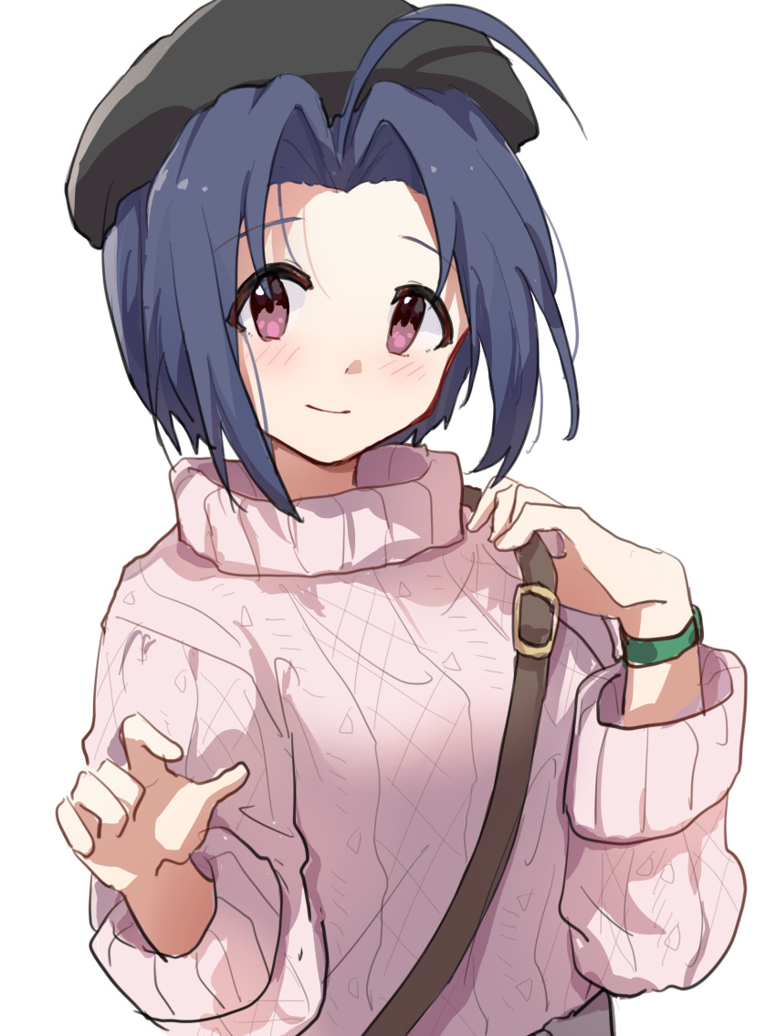 1girl absurdres ahoge bag black_headwear blue_hair blush breasts closed_mouth dot_nose hands_up hat highres holding_strap idolmaster idolmaster_(classic) idolmaster_million_live! idolmaster_million_live!_theater_days large_breasts long_sleeves looking_at_viewer miura_azusa nnnn pink_sweater red_eyes short_hair shoulder_bag simple_background smile solo sweater turtleneck upper_body watch watch white_background