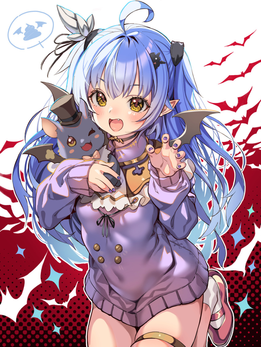 1girl ahoge ascot bat_(animal) bat_wings blue_hair blush breasts character_request claw_pose copyright_request cowboy_shot creature dress fang hair_ornament highres kink_(tortoiseshell) leg_up long_hair long_sleeves looking_at_viewer mary_janes mini_wings open_mouth pointy_ears shoes sleeves_past_wrists small_breasts smile socks solo sweater sweater_dress thighlet virtual_youtuber white_socks wings yellow_eyes