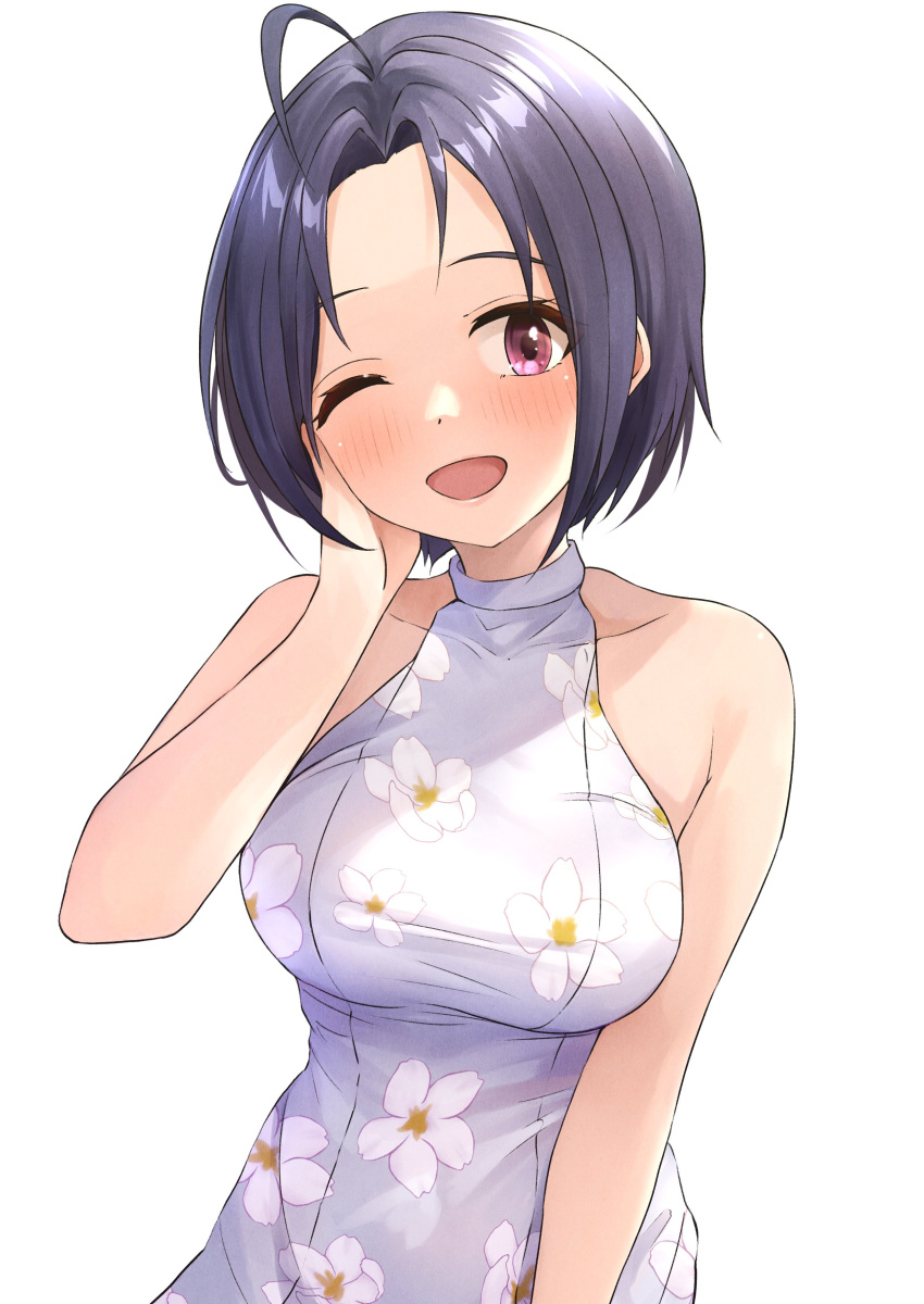 1girl absurdres ahoge b1ack_illust bare_shoulders blue_hair blush breasts collarbone commentary dot_nose dress floral_print hand_on_own_face hand_up highres idolmaster idolmaster_(classic) idolmaster_million_live! idolmaster_million_live!_theater_days large_breasts looking_at_viewer miura_azusa one_eye_closed open_mouth print_dress red_eyes short_hair simple_background sleeveless sleeveless_dress smile solo upper_body white_background white_dress