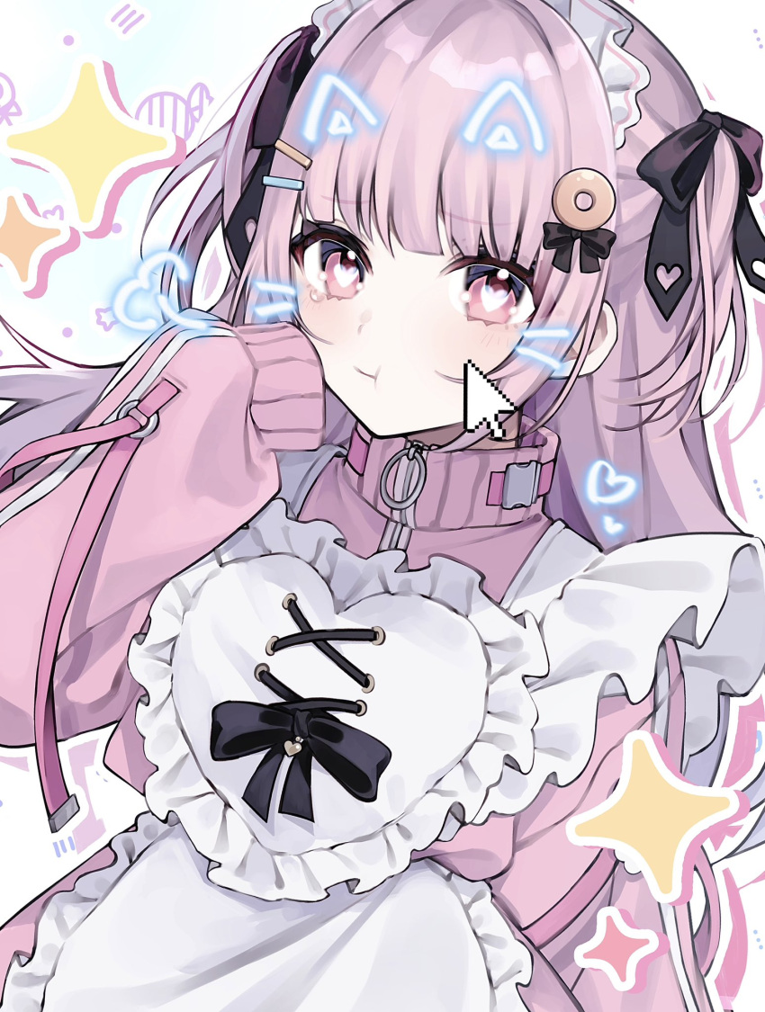 1girl :t apron black_ribbon blunt_bangs blush candy closed_mouth commentary copyright_request cross-laced_clothes drawn_ears drawn_whiskers food frilled_apron frills hair_ornament hair_ribbon hairclip hand_on_own_cheek hand_on_own_face hand_up heart heart_in_eye highres jacket jersey_maid long_hair long_sleeves looking_at_viewer maid maid_headdress pink_eyes pink_hair pink_jacket ribbon sato_nozomi sleeves_past_fingers sleeves_past_wrists solo sparkle symbol-only_commentary symbol_in_eye tearing_up track_jacket turtleneck turtleneck_jacket two_side_up unconventional_maid white_apron yuuki_hajime