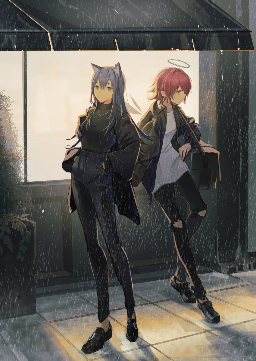 2girls absurdres arknights awning bag black_bag black_coat black_footwear black_hair black_pants black_shirt coat detached_wings energy_wings exusiai_(arknights) full_body halo highres jacket knee_cutout long_sleeves multiple_girls natsuba002 night open_clothes open_coat open_jacket outdoors pants rain redhead ribbed_shirt shirt shoes short_hair shoulder_bag standing texas_(arknights) white_shirt wings