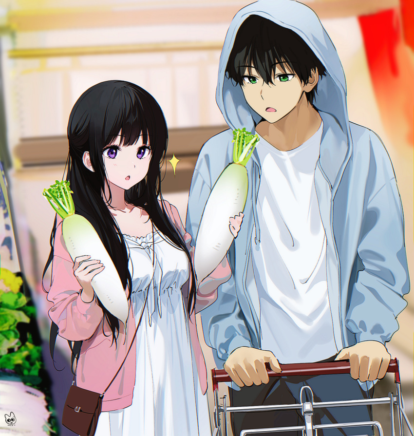 1boy 1girl artist_logo black_hair blush camisole chitanda_eru food green_eyes highres holding holding_food holding_vegetable hood hoodie hyouka long_hair mery_(yangmalgage) open_mouth oreki_houtarou pants radish shirt shopping shopping_cart short_hair vegetable violet_eyes white_camisole white_shirt