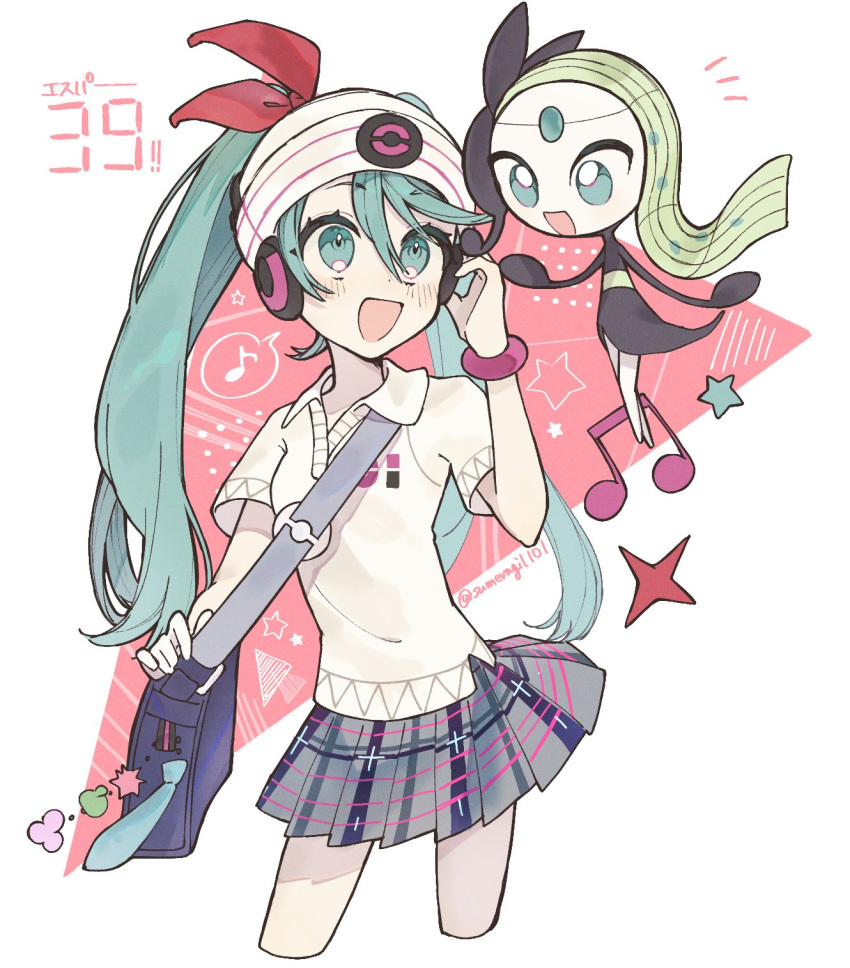 1girl :d bag blush collared_shirt commentary_request crossover eyelashes green_eyes green_hair hatsune_miku headphones highres long_hair meloetta musical_note open_mouth plaid plaid_skirt pleated_skirt pokemon pokemon_(creature) project_voltage shirt short_sleeves shoulder_bag skirt smile sparkle sumeragi1101 twintails vocaloid white_headwear white_shirt
