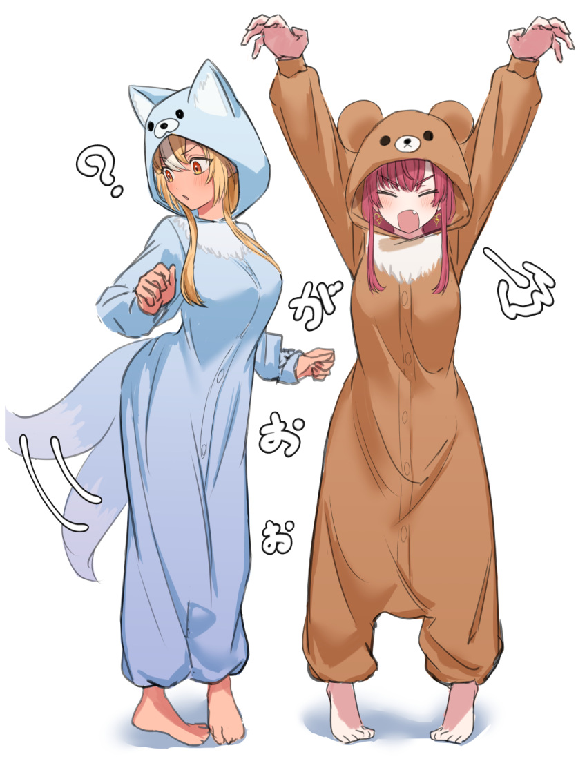 2girls animal_costume animal_ears bare_shoulders bear_costume blonde_hair blush dark-skinned_female dark_skin gao highres hololive houshou_marine long_hair multicolored_hair multiple_girls open_mouth redhead shino_12a shiranui_flare simple_background streaked_hair tail tail_wagging virtual_youtuber white_background wolf_costume