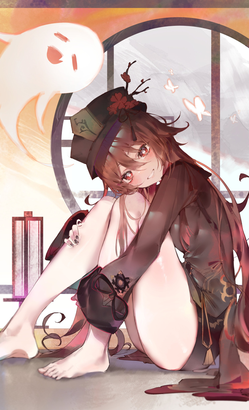 1girl absurdres black_nails black_shorts blush boo_(mario) boo_tao_(genshin_impact) brown_hair chinese_clothes cocoballking feet flower flower-shaped_pupils genshin_impact grin hat hat_ornament highres hu_tao_(genshin_impact) long_hair long_sleeves looking_at_viewer plum_blossoms porkpie_hat red_eyes red_shirt shirt shorts sidelocks smile symbol-shaped_pupils thighs twintails