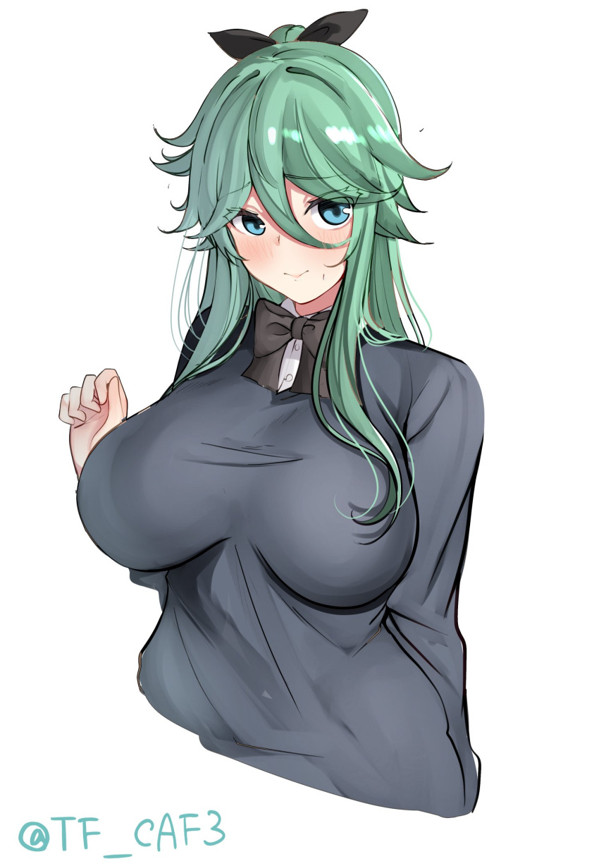 1girl alternate_costume black_bow black_bowtie black_ribbon bow bowtie breasts green_eyes green_hair grey_shirt hair_between_eyes hair_flaps hair_ornament hair_ribbon hairclip highres kantai_collection large_breasts long_hair looking_at_viewer one-hour_drawing_challenge parted_bangs ponytail ribbon shirt sidelocks simple_background solo tf_cafe twitter_username upper_body white_background yamakaze_(kancolle)