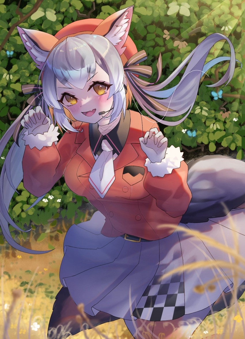 1girl absurdres amano_ritsu827 animal_ears blazer extra_ears fox_ears fox_girl fox_tail gloves grey_hair hat highres island_fox_(kemono_friends) jacket kemono_friends kemono_friends_v_project long_hair looking_at_viewer microphone necktie outdoors pantyhose ribbon shirt skirt solo tail twintails virtual_youtuber yellow_eyes