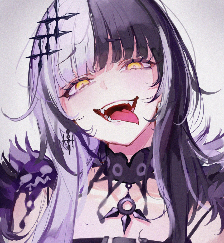 1girl alternate_hair_color black_choker black_hair blunt_bangs choker collarbone crazy crazy_eyes crazy_smile dyed_bangs emo_fashion eyelashes eyeliner fangs gesugao gothic hair_between_eyes hair_ornament half-closed_eyes highres holoadvent hololive hololive_english jewelry lace lace_choker long_hair looking_at_viewer loose_hair_strand makeup mile_(off8mile) multicolored_hair neck necklace open_mouth phasmophobia shiori_novella sidelocks simple_background smile solo split-color_hair squinting streaked_hair two-tone_hair virtual_youtuber white_background white_hair wolf_cut yandere yellow_eyes