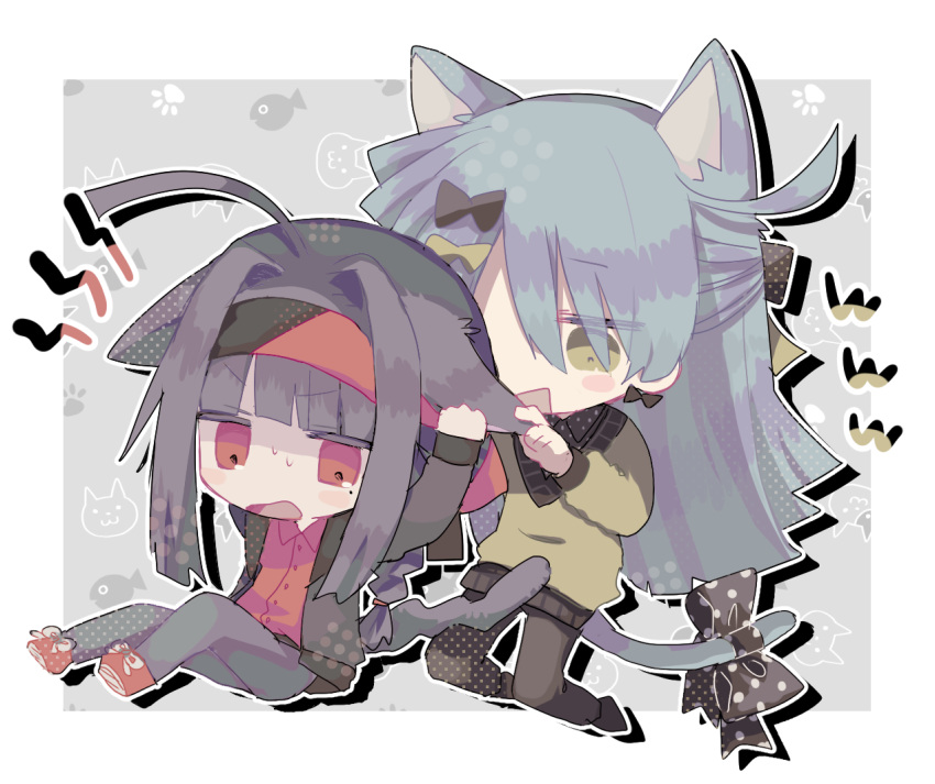 2boys ahoge animal_ears bandana_obito black_bow black_hair black_jacket black_pants black_ribbon black_shirt blue_hair bow braid cat_boy cat_ears cat_tail chibi collared_shirt grabbing_another's_ear green_bow green_eyes green_sweater grey_pants haguro_ribon hair_bow hair_intakes hand_on_another's_ear headband jacket kneeling long_hair long_sleeves male_focus multiple_boys no_nose open_clothes open_jacket open_mouth original pants polka_dot polka_dot_ribbon polka_dot_shirt red_eyes red_footwear red_headband red_shirt ribbon shirt shoes shout_lines single_braid sitting smile sneakers sweat sweater tail tail_ornament tail_ribbon usagi_nui