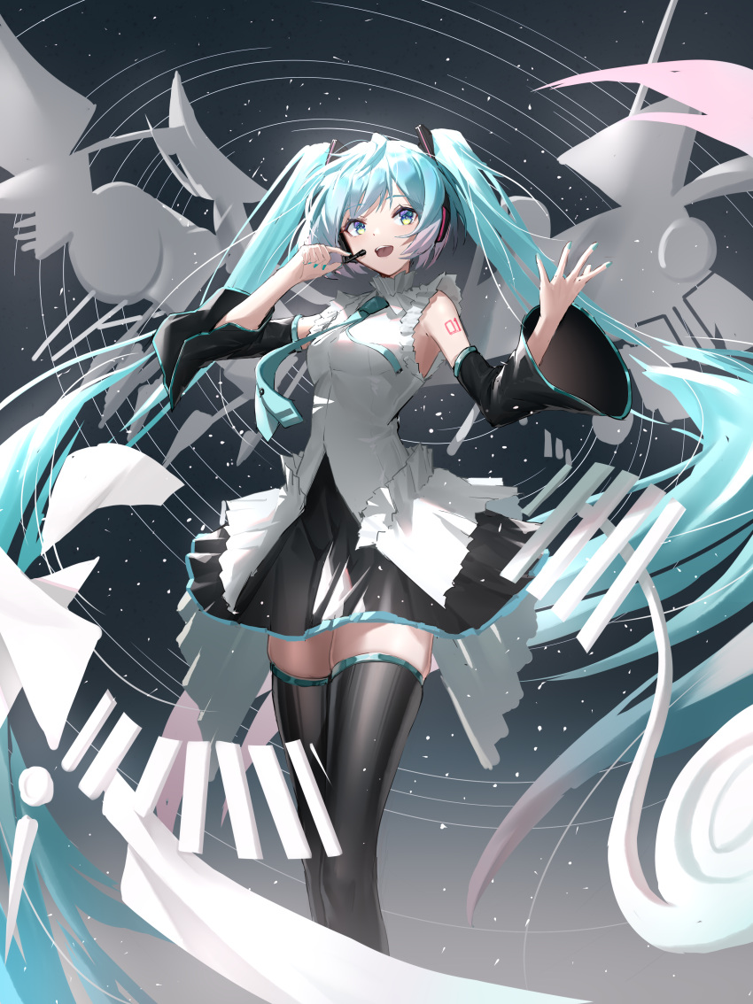 1girl :d absurdres black_skirt black_sleeves black_thighhighs blue_eyes blue_hair blue_nails blue_necktie breasts commentary_request detached_sleeves feet_out_of_frame gradient_hair hands_up hatsune_miku hatsune_miku_happy_16th_birthday_-dear_creators- headset highres laomotou long_hair long_sleeves looking_at_viewer multicolored_hair nail_polish necktie pink_hair pleated_skirt shirt skirt sleeveless sleeveless_shirt small_breasts smile solo standing teeth thigh-highs tie_clip twintails upper_teeth_only very_long_hair vocaloid white_shirt wide_sleeves