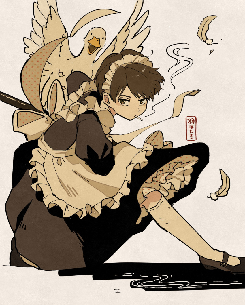 1boy apron bird black_footwear brown_hair cigarette commentary_request feathers fighting_stance frilled_apron frills goose highres kneehighs maid maid_apron maid_headdress male_focus mouth_hold original sheath smoking socks translation_request umibatari unconventional_maid white_background