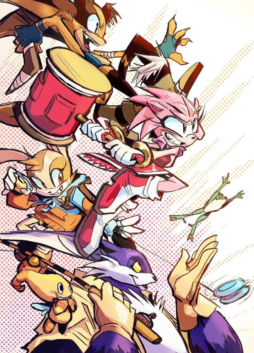 1boy 3girls aged_up amy_rose animal animal_ears animal_nose big_the_cat boomerang boots brown_eyes chao_(sonic) cheese_(sonic) commentary cream_the_rabbit dress english_commentary fingerless_gloves frog froggy_(sonic) furry furry_female furry_male gloves green_eyes grin hammer highres holding holding_hammer hood hood_down hoodie jacket long_sleeves multiple_girls open_mouth orange_hoodie piko_piko_hammer rat_riot red_dress red_footwear shoes simple_background smile sonic_(series) sticks_the_badger teeth white_background white_gloves yellow_eyes yo-yo