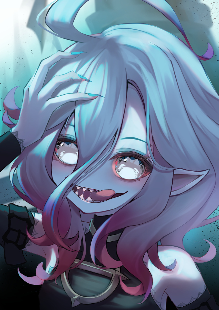 1girl absurdres blue_nails briar_(league_of_legends) colored_sclera colored_skin fingernails grey_hair hair_between_eyes hand_on_own_head highres league_of_legends long_hair looking_at_viewer momikodayo multicolored_hair nail_polish no_pupils pointy_ears red_sclera sharp_fingernails sharp_teeth sidelocks simple_background smile solo streaked_hair teeth tongue tongue_out two-tone_hair upper_body vampire white_eyes