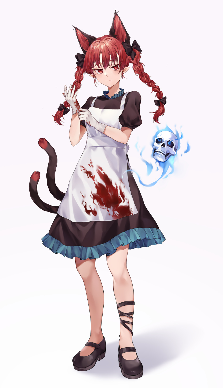 1girl absurdres adjusting_clothes adjusting_gloves animal_ears apron black_bow black_dress black_footwear blood blood_on_clothes bow braid cat_ears cat_tail chinese_commentary closed_mouth commentary_request dress extra_ears full_body gloves hair_bow highres kaenbyou_rin long_hair looking_at_viewer multiple_tails nekomata pointy_ears red_eyes redhead short_sleeves side_braids simple_background solo standing tail touhou twin_braids two_tails utsuro114514 white_apron white_background white_gloves