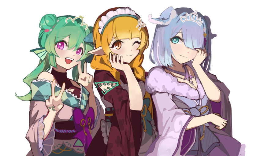 3girls aqua_eyes black_kimono black_sash blonde_hair blue_hair bow braid brown_eyes double_bun double_v elira_pendora elira_pendora_(2nd_costume) finana_ryugu finana_ryugu_(2nd_costume) green_hair hair_bun hair_over_one_eye hand_on_own_cheek hand_on_own_face highres japanese_clothes kimono large_bow long_hair maid multiple_girls nijisanji nijisanji_en off_shoulder official_alternate_costume official_alternate_hairstyle one_eye_closed pomu_rainpuff pomu_rainpuff_(2nd_costume) purple_bow sash short_kimono simple_background twin_braids twintails v violet_eyes virtual_youtuber wa_maid white_background white_kimono wusuki_(wuqin_wusuki)