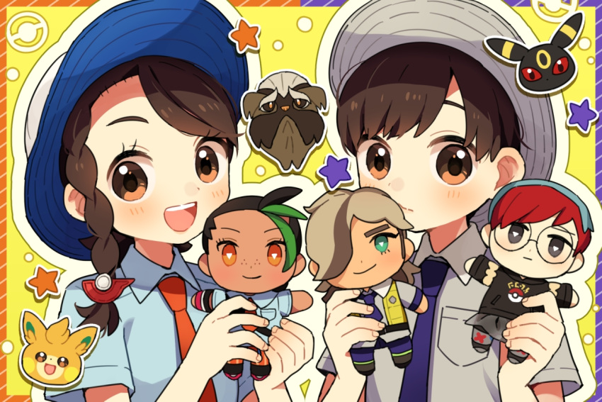 1boy 1girl :d arven_(pokemon) blush braid breast_pocket brown_eyes brown_hair character_doll collared_shirt commentary_request doll eyelashes florian_(pokemon) hat holding holding_doll juliana_(pokemon) mabosstiff necktie nemona_(pokemon) open_mouth orange_necktie pawmi penny_(pokemon) pocket pokemon pokemon_(game) pokemon_sv rii_(pixiv11152329) shirt short_sleeves smile star_(symbol) teeth tongue umbreon upper_teeth_only
