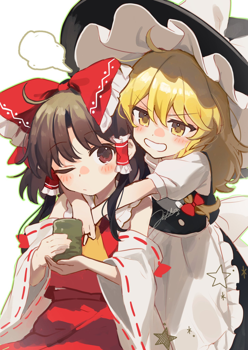 2girls ascot bare_shoulders black_headwear blonde_hair blush bow brown_eyes brown_hair closed_mouth detached_sleeves hair_bow hair_tubes hakurei_reimu hat hat_bow highres japanese_clothes jill_07km kirisame_marisa long_hair multiple_girls nontraditional_miko one_eye_closed open_mouth red_bow ribbon-trimmed_sleeves ribbon_trim short_hair sidelocks simple_background smile touhou white_background white_bow wide_sleeves witch_hat yellow_ascot yellow_eyes