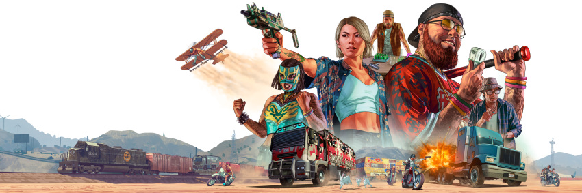 2girls 3boys aircraft airplane asian beard black_hair blonde_hair bucket_hat clenched_hands facial_hair grand_theft_auto gun hat highres holding holding_gun holding_weapon midriff motor_vehicle motorcycle multiple_boys multiple_girls navel official_art open_clothes open_shirt sunglasses tattoo train transparent_background truck weapon weapon_request