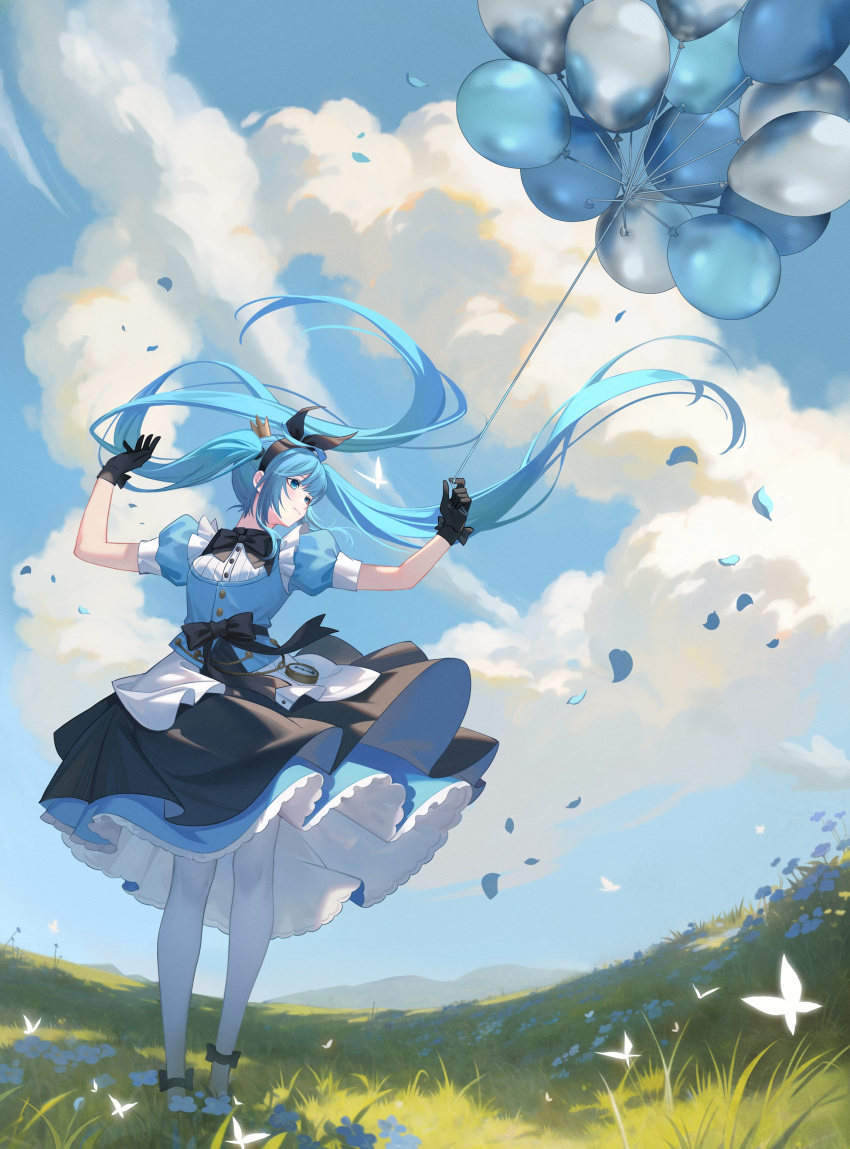 1girl 9chung absurdres ankle_bow balloon black_bow black_bowtie black_gloves black_skirt blue_eyes blue_flower blue_hair blue_skirt blue_vest bow bowtie bug butterfly buttons closed_mouth clouds crown day falling_petals floating_hair flower frilled_skirt frills full_body gloves grass hands_up hatsune_miku highres holding holding_balloon light_smile long_hair mini_crown outdoors pantyhose petals pocket_watch puffy_short_sleeves puffy_sleeves shirt short_sleeves skirt sky solo twintails vest vocaloid watch white_butterfly white_pantyhose white_shirt