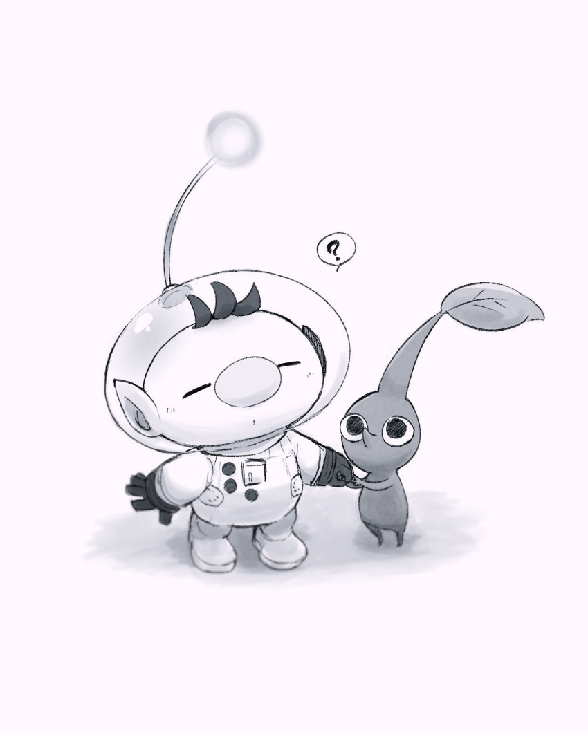 1boy ? alien big_nose blush_stickers buttons chibi closed_eyes commentary_request gloves greyscale hand_on_another's_hand helmet highres holding_hands leaf monochrome no_mouth olimar open_mouth patch pikmin_(creature) pikmin_(series) pointy_ears pointy_nose radio_antenna red_pikmin shadow short_hair space_helmet spacesuit speech_bubble spoken_question_mark super_smash_bros. ukyo_(80123) very_short_hair white_background