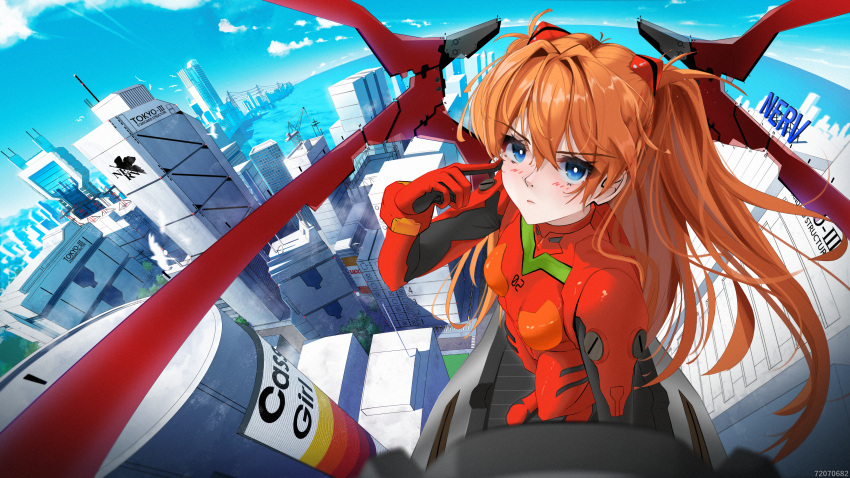 1girl absurdres blue_eyes blue_sky bodysuit botttomtext building city clouds day highres long_hair looking_at_viewer multicolored_bodysuit multicolored_clothes neon_genesis_evangelion ocean orange_bodysuit orange_hair outdoors plugsuit red_bodysuit scenery sky skyscraper solo souryuu_asuka_langley water