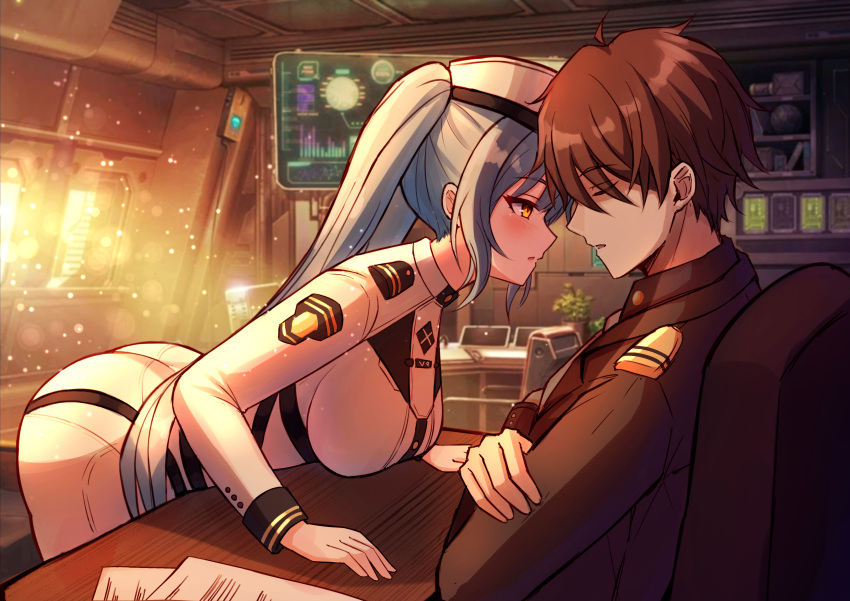 1boy 1girl absurdres ass blue_hair blush breasts brown_hair commander_(nikke) crossed_arms goddess_of_victory:_nikke hat hetero highres jimpu6 leaning_forward long_hair parted_lips plant potted_plant sleeping twintails yellow_eyes