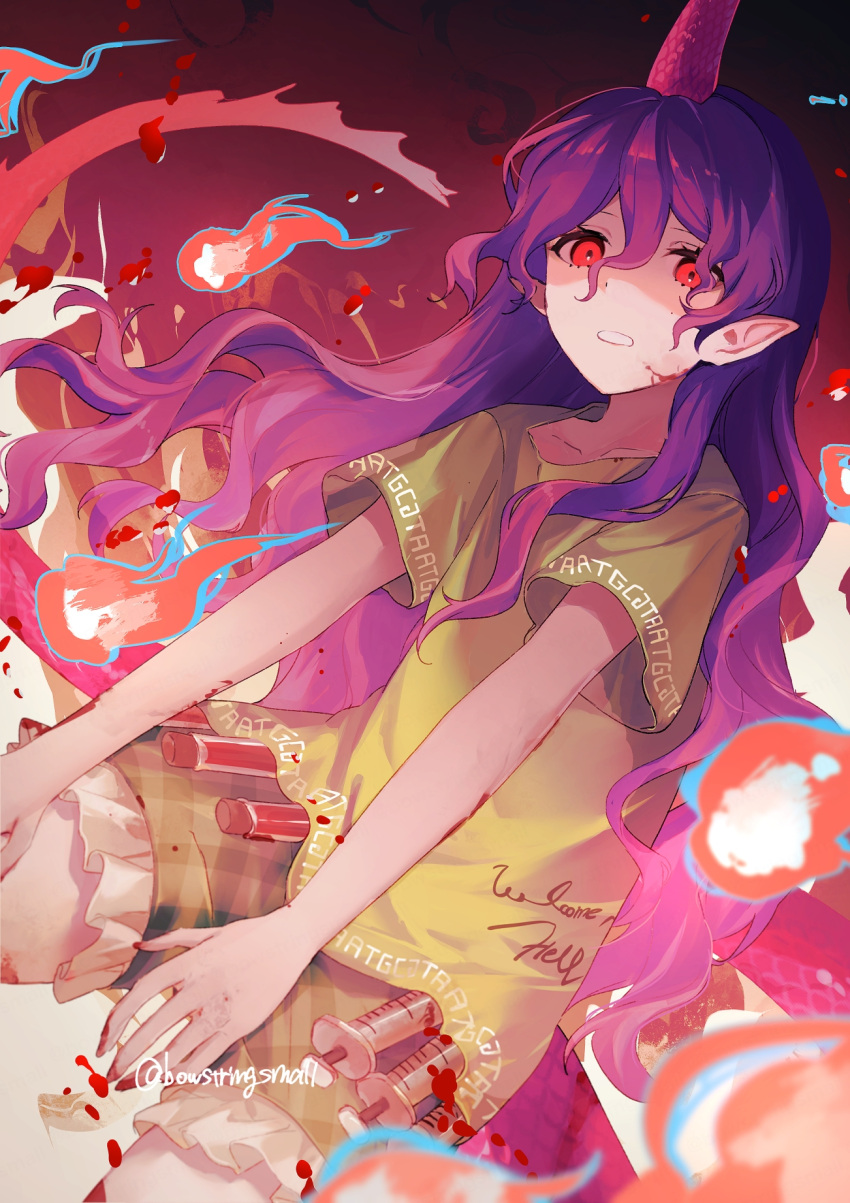1girl clothes_writing commentary_request cowboy_shot frilled_shorts frills green_shirt green_shorts hair_between_eyes highres horns long_hair looking_at_viewer oito_(bowstringsmall) parted_lips pink_horns pointy_ears purple_hair purple_horns purple_tail red_eyes red_nails shirt short_sleeves shorts single_horn solo syringe tenkajin_chiyari test_tube touhou twitter_username