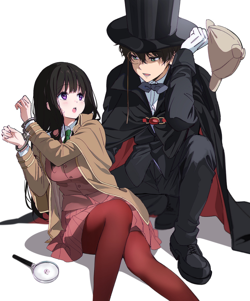 1boy 1girl :o alternate_costume artist_logo black_cape black_footwear black_hair black_headwear black_jacket black_pants blush bound bound_wrists bow bowtie breasts brown_hair cape chitanda_eru collared_shirt cuffs deerstalker detective gloves handcuffs hat highres hyouka jacket kimi_ni_matsuwaru_mystery large_breasts long_hair long_sleeves looking_at_another magnifying_glass mery_(yangmalgage) monocle open_mouth oreki_houtarou pants pantyhose pleated_skirt red_cape red_pantyhose restrained school_uniform shirt short_hair simple_background skirt smile teeth top_hat two-sided_cape two-sided_fabric upper_teeth_only violet_eyes white_background white_gloves white_shirt