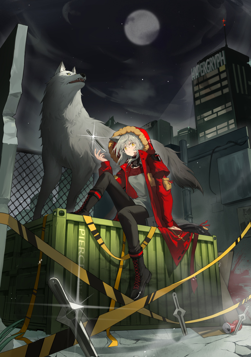 1girl :&lt; absurdres animal_ears arknights arm_support black_footwear black_pants blood boots building can caution_tape chinese_commentary closed_mouth commentary_request container cross-laced_footwear fence fingernails full_body full_moon fur-trimmed_hood fur_trim glint grey_hair grey_shirt highres hood hood_up hooded_jacket jacket kiscript knife long_sleeves medium_hair moon night night_sky open_clothes open_jacket pants pocket projekt_red_(arknights) red_jacket respirator shirt sitting sky skyscraper solo star_(sky) wanted wolf wolf_ears yellow_eyes
