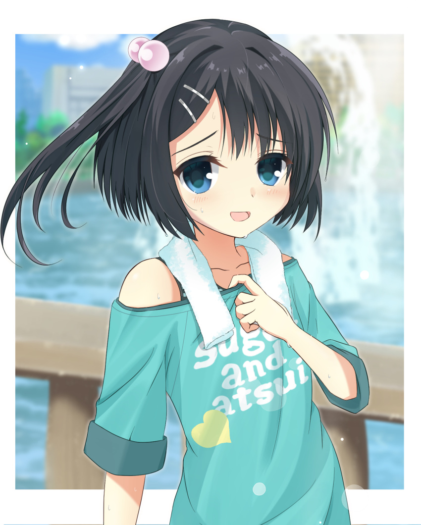 1girl :d aqua_shirt black_hair blue_eyes blurry blurry_background blush bububugsan casual clothes_writing collarbone commentary day dracu-riot! eyelashes flat_chest furrowed_brow hair_between_eyes hair_bobbles hair_ornament hairclip heart heart_print highres hot looking_at_viewer mera_azusa off_shoulder open_mouth outdoors shirt shirt_tug short_hair short_sleeves side_ponytail smile solo summer sweat towel towel_around_neck upper_body