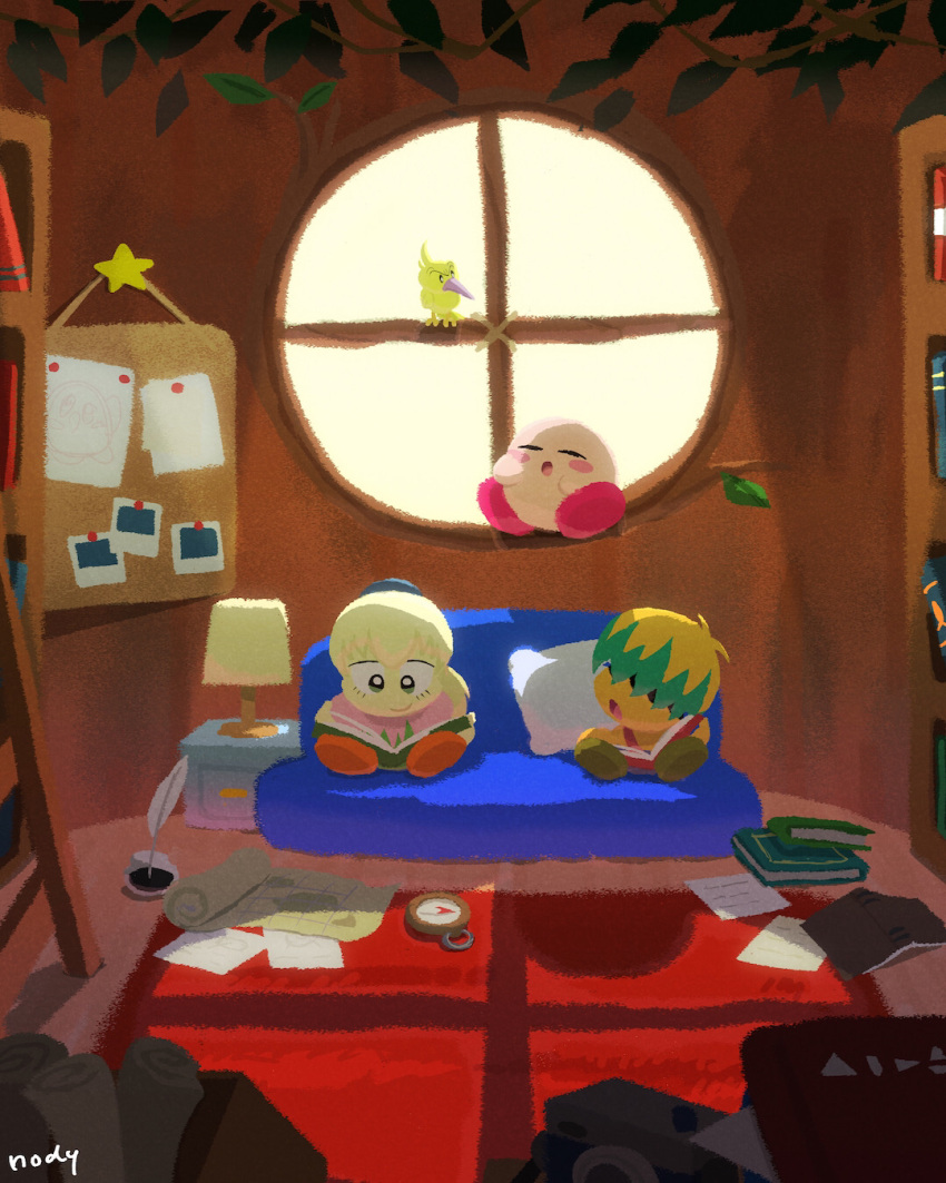 :o artist_name bird blonde_hair blush blush_stickers book bookshelf box brother_and_sister bulletin_board bun_(kirby) camera cardboard_box closed_eyes closed_mouth commentary_request compass couch desk_lamp fumu_(kirby) green_eyes green_hair hair_over_eyes highres holding holding_book indoors inkwell kirby kirby:_right_back_at_ya kirby_(series) ladder lamp leaf long_hair map multicolored_hair nody_(nody_lowmoo) on_couch open_book open_mouth paper photo_(object) pillow plant quill reading round_window rug scroll shadow short_hair siblings sitting sleeping smile star_(symbol) table tokkori_(kirby) vines window