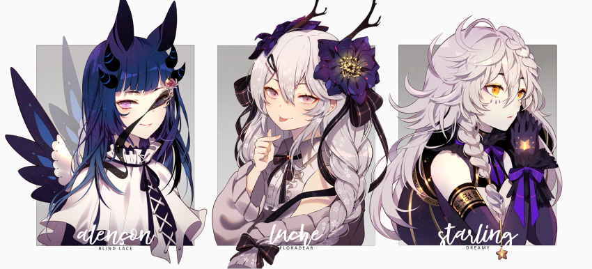 3girls alencon_(hen-tie) animal_ears antlers bare_shoulders black_bow black_bowtie black_collar black_horns black_ribbon black_shirt black_wings black_wrist_cuffs blue_hair blunt_ends border bow bowtie braid buttons capelet center_frills character_name closed_mouth collar collared_capelet collared_shirt cross-laced_clothes cross-laced_top deer_antlers elbow_gloves english_commentary eyelashes flower flower_request frilled_capelet frills gem_hair_ornament gloves grey_background grey_jacket hair_bow hair_flower hair_ornament hairclip hand_up hen-tie highres horns jacket light_frown long_hair long_sleeves looking_ahead looking_at_viewer luche_(hen-tie) marking_on_cheek multiple_girls multiple_hair_bows multiple_horns nail_polish neck_ribbon off_shoulder one_eye_covered original own_hands_clasped own_hands_together parted_lips pink_nails pointing pointing_at_viewer puffy_long_sleeves puffy_sleeves purple_bow purple_bowtie purple_flower purple_gloves purple_shirt ribbon shirt single_braid sleeve_bow sleeveless sleeveless_shirt smile starling_(hen-tie) striped striped_bow striped_bowtie striped_horns sweater_jacket teardrop_facial_mark tongue tongue_out twin_braids upper_body violet_eyes white_border white_capelet white_hair white_shirt wide_sleeves wings yellow_eyes