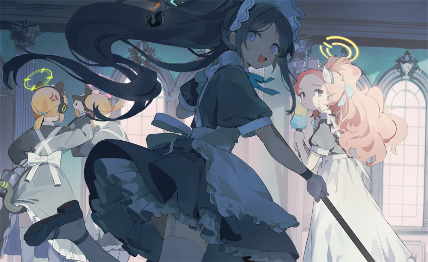 4girls absurdly_long_hair absurdres anger_vein animal_ear_headphones animal_ears apron aris_(blue_archive) aris_(maid)_(blue_archive) black_dress black_footwear black_hair blonde_hair blue_archive blue_eyes cat_tail dress fake_animal_ears frilled_apron frilled_dress frills green_halo halo headphones highres long_hair maid maid_apron maid_headdress midori_(blue_archive) midori_(maid)_(blue_archive) momoi_(blue_archive) momoi_(maid)_(blue_archive) multiple_girls one_side_up pink_hair pink_halo puffy_short_sleeves puffy_sleeves sh_(562835932) shoes short_hair short_sleeves siblings sisters tail thigh-highs twins very_long_hair white_apron white_thighhighs yellow_halo yuzu_(blue_archive) yuzu_(maid)_(blue_archive)
