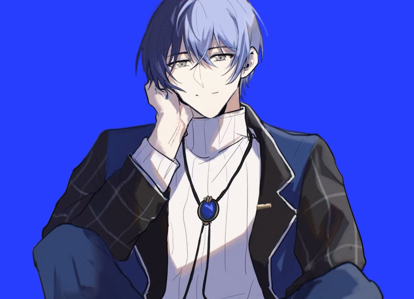 1boy aoyagi_touya black_jacket blue_background blue_gemstone blue_hair blue_jacket blue_pants bolo_tie closed_mouth commentary dark_blue_hair gem grey_eyes hair_between_eyes hand_on_own_head jacket lapels light_blue_hair looking_at_viewer male_focus multicolored_clothes multicolored_hair multicolored_jacket niyou_(2067858864) notched_lapels open_clothes open_jacket pants project_sekai short_hair solo split-color_hair sweater tie_clip turtleneck two-tone_hair two-tone_jacket upper_body white_sweater white_trim