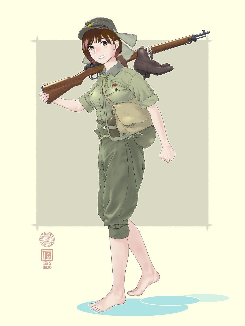 1girl absurdres arisaka bag barefoot bob_cut bolt_action boots boots_removed brown_background brown_eyes brown_hair carrying_over_shoulder commission dated grin gun hat_flaps highres hip_flask imperial_japanese_army looking_at_viewer military_uniform original rifle shoulder_bag sino_(mechanized_gallery) sleeves_rolled_up smile soldier solo square uniform visor_cap walking weapon