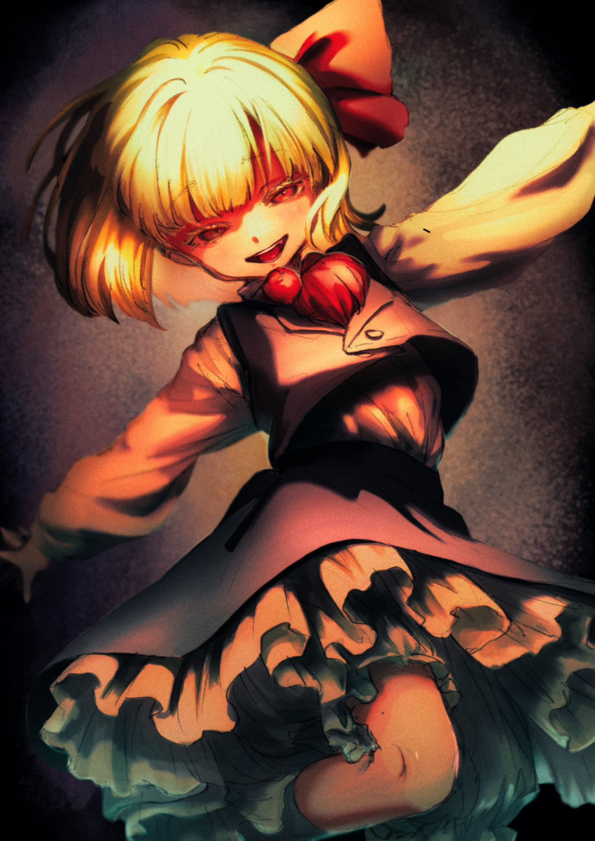 1girl black_skirt black_vest blonde_hair bloomers hair_ribbon highres long_sleeves looking_at_viewer muha_kakka open_mouth outstretched_arms red_eyes red_ribbon ribbon rumia shirt short_hair skirt smile socks solo spread_arms touhou underwear vest white_bloomers white_shirt white_socks