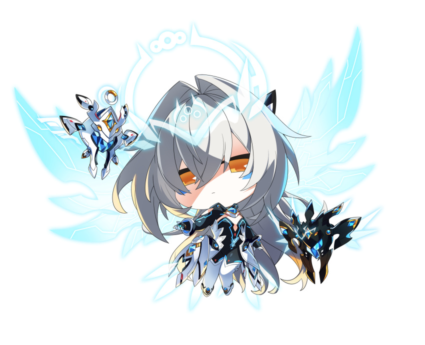 1girl black_gloves blue_halo boots chibi cleavage_cutout clothing_cutout code:_sariel_(elsword) commentary_request dress elsword energy energy_wings eve_(elsword) expressionless facial_mark flat_chest gem gloves halo highres jewelry long_hair looking_at_viewer machine mechanical_ears moby_(elsword) mulook orange_eyes remy_(elsword) robot strapless transparent transparent_background very_long_hair white_dress white_hair