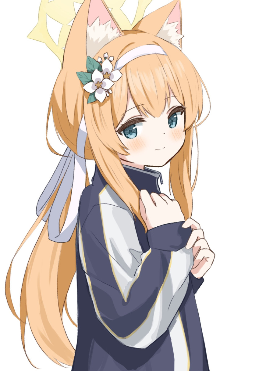 1girl animal_ear_fluff animal_ears black_jacket blue_archive blue_eyes blush closed_mouth cram960 flower from_side hair_flower hair_ornament hair_ribbon hairband halo hands_up headband highres jacket long_sleeves looking_at_viewer mari_(blue_archive) mari_(track)_(blue_archive) orange_hair ponytail ribbon simple_background sleeves_past_wrists smile solo track_jacket upper_body white_background white_flower white_hairband