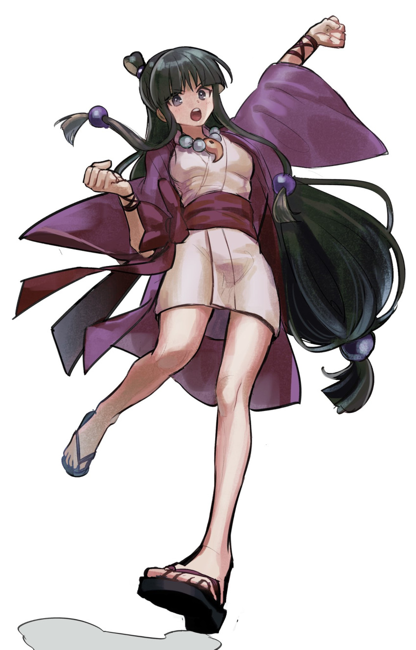 1girl ace_attorney arm_up black_hair blunt_bangs full_body hair_ornament half_updo hand_up hanten_(clothes) highres jacket japanese_clothes jewelry kimono long_hair long_sleeves looking_at_viewer magatama magatama_necklace maya_fey necklace obi open_mouth outstretched_arm purple_jacket sandals sash short_kimono sidelocks simple_background solo standing standing_on_one_leg v-shaped_eyebrows very_long_hair visket53 white_background white_kimono wide_sleeves