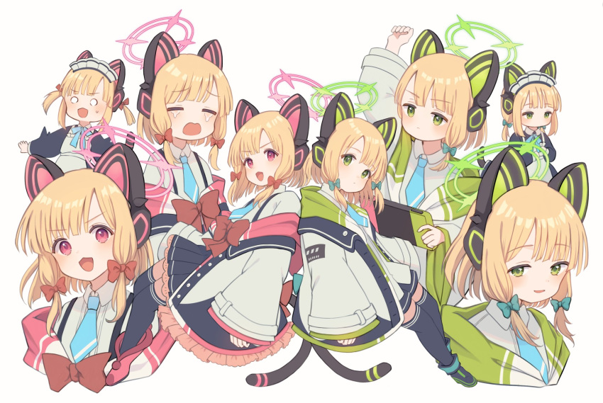 2girls alternate_costume animal_ear_headphones animal_ears aqua_bow aqua_necktie arm_up black_skirt black_thighhighs blonde_hair blue_archive bow cat_tail closed_mouth collared_shirt commentary_request crying fake_animal_ears green_halo hair_bow halo headphones highres long_sleeves maid maid_headdress marekamico midori_(blue_archive) midori_(maid)_(blue_archive) momoi_(blue_archive) momoi_(maid)_(blue_archive) multiple_girls necktie o_o open_mouth pink_halo red_bow shirt short_hair siblings simple_background sisters skirt smile tail thigh-highs twins white_background white_shirt wide_sleeves