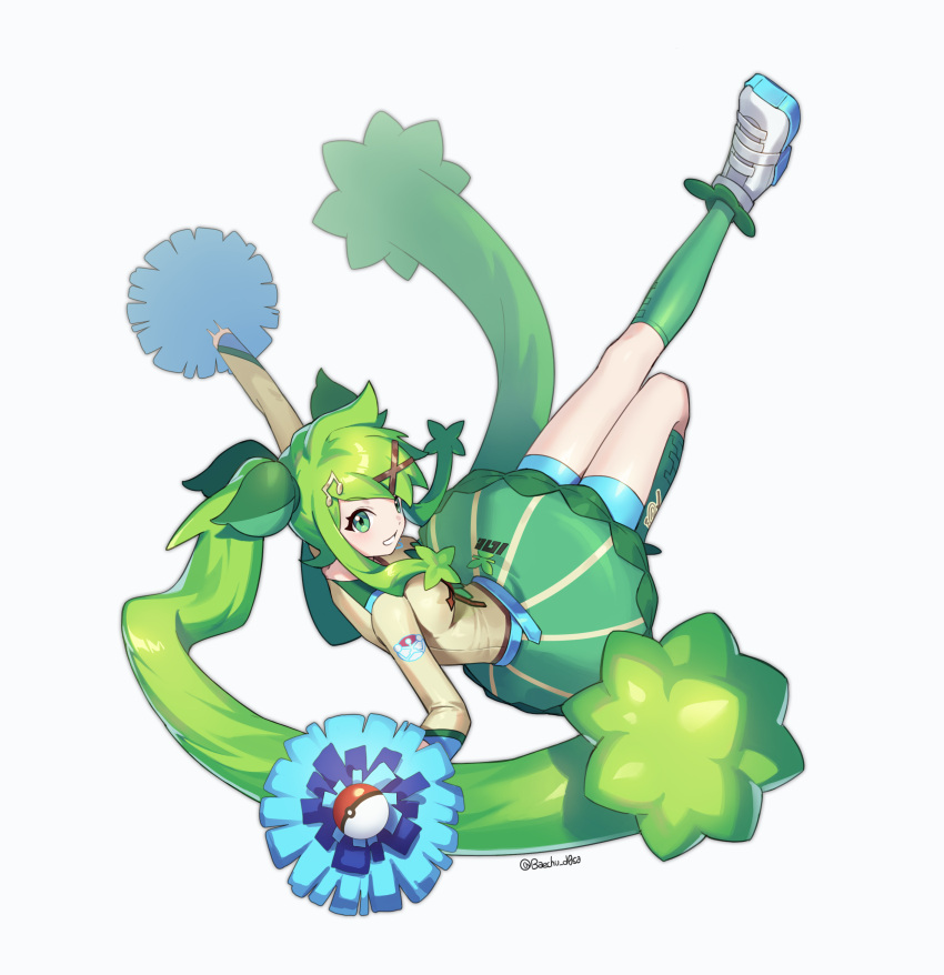 1girl absurdres bike_shorts breasts commentary_request eyelashes green_eyes green_hair green_skirt green_socks hair_ornament hatsune_miku highres holding holding_pom_poms kneehighs knees_together_feet_apart long_hair looking_to_the_side mongguri musical_note musical_note_hair_ornament poke_ball poke_ball_(basic) pokemon pom_pom_(cheerleading) project_voltage shirt shoes sidelocks simple_background skirt smile socks solo twintails very_long_hair vocaloid white_background x_hair_ornament
