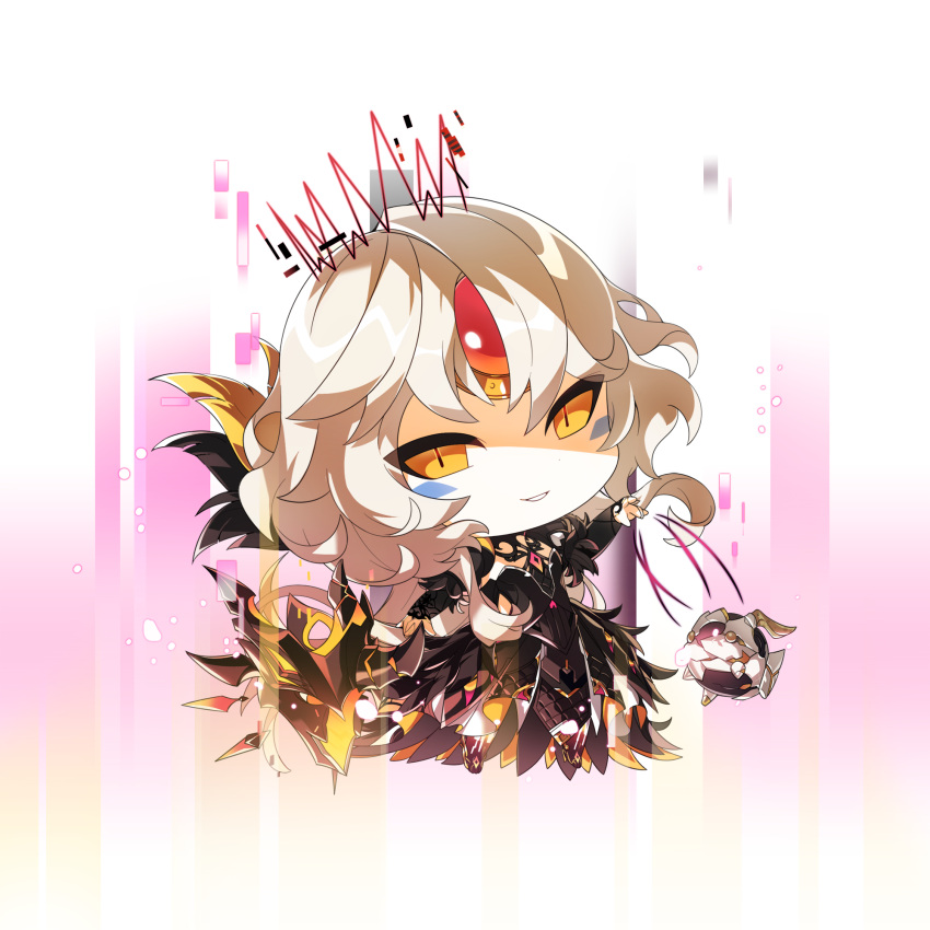 1girl boots chibi cleavage_cutout clothing_cutout code:_antithese_(elsword) commentary_request crown dress elsword energy eve_(elsword) evil_grin evil_smile facial_mark flat_chest gloves grin highres long_hair looking_at_viewer machine marionette moby_(elsword) mulook orange_eyes puppet remy_(elsword) robot slit_pupils smile teeth transparent transparent_background wavy_hair white_hair