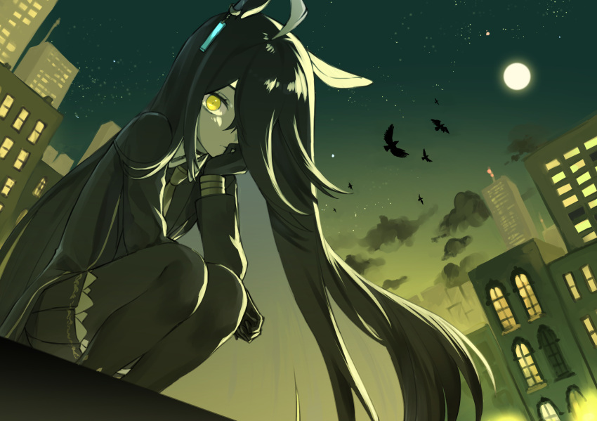 1girl ahoge animal_ears bird black_coat black_gloves black_hair black_pantyhose black_shirt black_skirt building closed_mouth clouds coat collared_shirt expressionless full_moon gloves hair_over_one_eye hand_on_own_chin head_rest highres horse_ears long_hair long_sleeves looking_at_viewer manhattan_cafe_(umamusume) moon necktie night outdoors pantyhose potato_(potato_621) shirt skirt skyscraper solo squatting star_(sky) umamusume very_long_hair yellow_eyes yellow_necktie