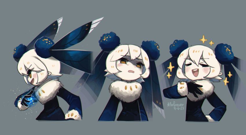 1girl :d black_gloves blue_jacket disgust expressions fairy fantasy fur_collar fur_trim gloves head_wings highres jacket magic original pointy_ears porforever short_hair smile sparkle teeth upper_teeth_only white_hair wings yellow_eyes