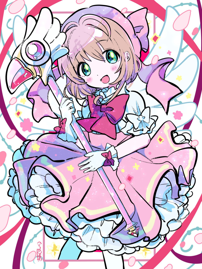 1girl :d blush bow brown_hair cardcaptor_sakura commentary_request feathered_wings fuuin_no_tsue gloves green_eyes hair_between_eyes highres holding holding_staff holding_wand kiato kinomoto_sakura looking_at_viewer magical_girl open_mouth petals petticoat pink_headwear pink_skirt puffy_short_sleeves puffy_sleeves red_bow shirt short_hair short_sleeves skirt smile solo staff standing wand white_gloves white_shirt white_wings wings