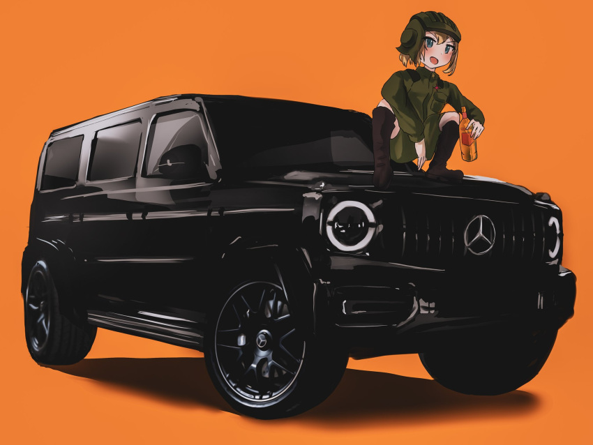 1girl black_headwear blonde_hair boots bottle brown_footwear girls_und_panzer green_jacket green_shorts highres holding holding_bottle jacket katyusha_(girls_und_panzer) mercedes-benz mercedes-benz_g-class motor_vehicle nougat_(73r1r1) open_mouth orange_background shadow short_hair shorts solo sports_utility_vehicle squatting v-shaped_eyebrows vehicle_focus