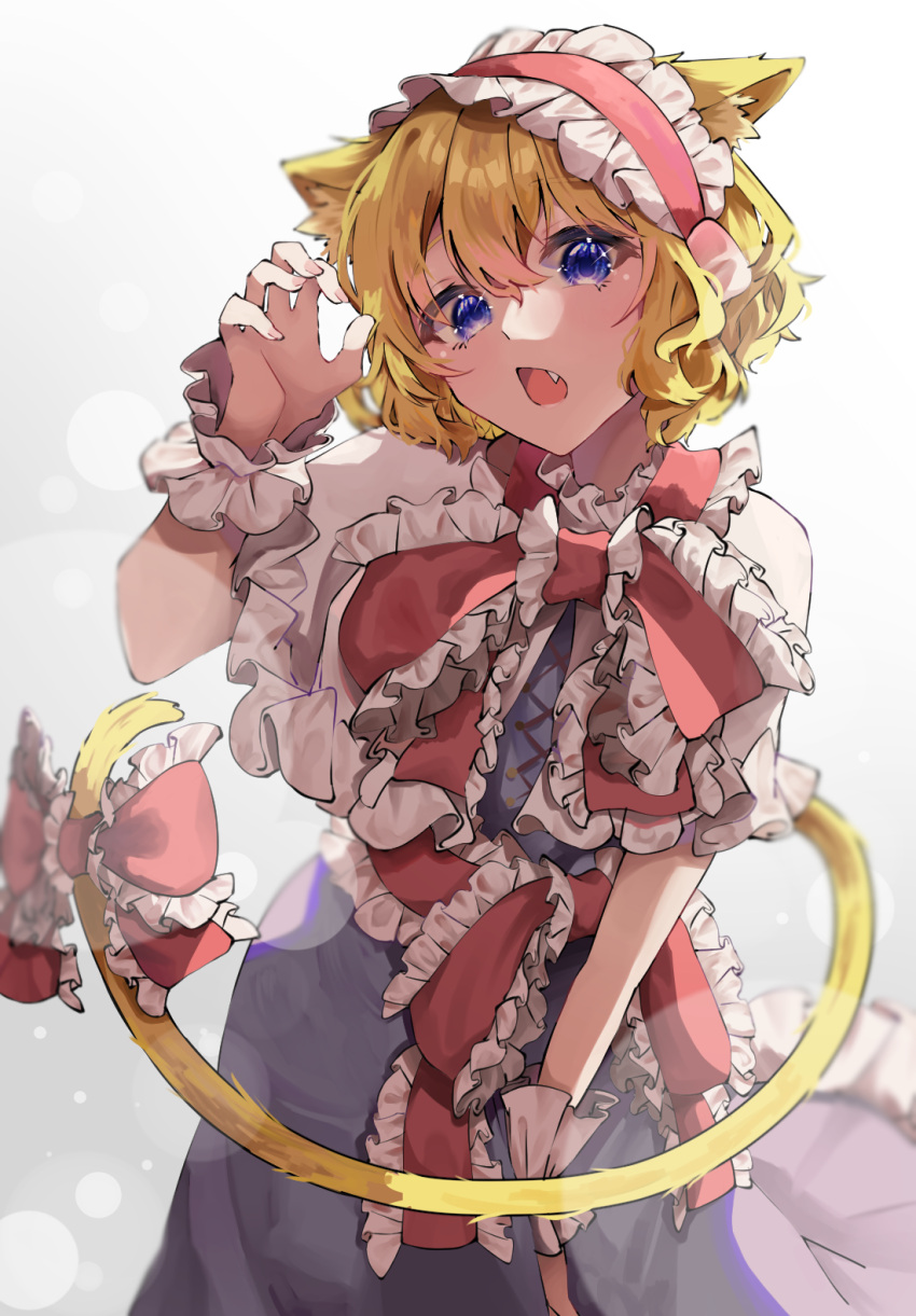 1girl alice_margatroid animal_ears blonde_hair blue_dress blue_eyes capelet cat_ears cat_tail dress fang frilled_capelet frills hair_between_eyes hairband highres jingai_(k1bun) lolita_hairband open_mouth red_hairband short_hair short_sleeves simple_background solo tail touhou upper_body white_background white_capelet