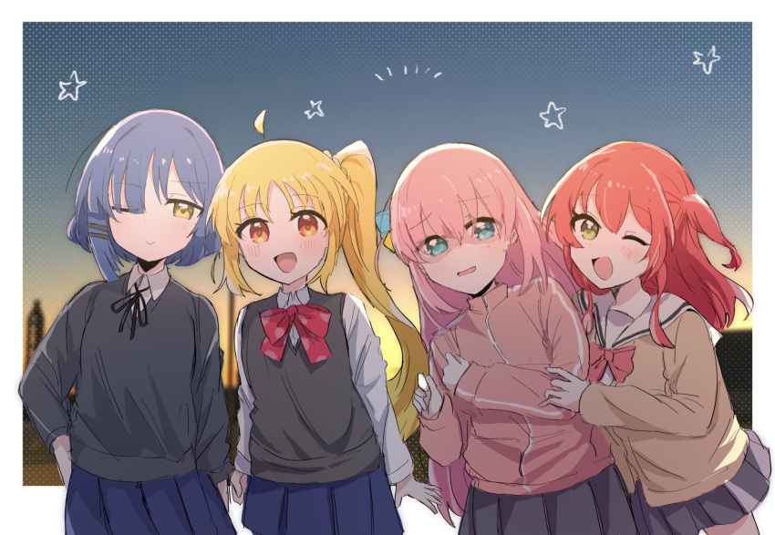 4girls :d ;d ahoge arms_at_sides black_ribbon blonde_hair blue_eyes blue_hair blue_skirt blush bocchi_the_rock! border bow brown_cardigan cardigan closed_mouth collared_shirt commentary_request cube_hair_ornament gotoh_hitori green_eyes grey_skirt grey_sweater hair_between_eyes hair_ornament hand_on_another's_arm hand_on_own_hip highres ijichi_nijika jacket kita_ikuyo long_hair long_sleeves looking_at_another looking_at_viewer mole mole_under_eye multiple_girls neck_ribbon okayusan_san one_eye_closed one_side_up open_mouth pink_hair pink_jacket pleated_skirt red_bow redhead ribbon sailor_collar shaded_face shirt short_hair side_ponytail sidelocks skirt smile standing star_(symbol) sweater track_jacket very_long_hair white_border white_sailor_collar white_shirt yamada_ryo yellow_eyes